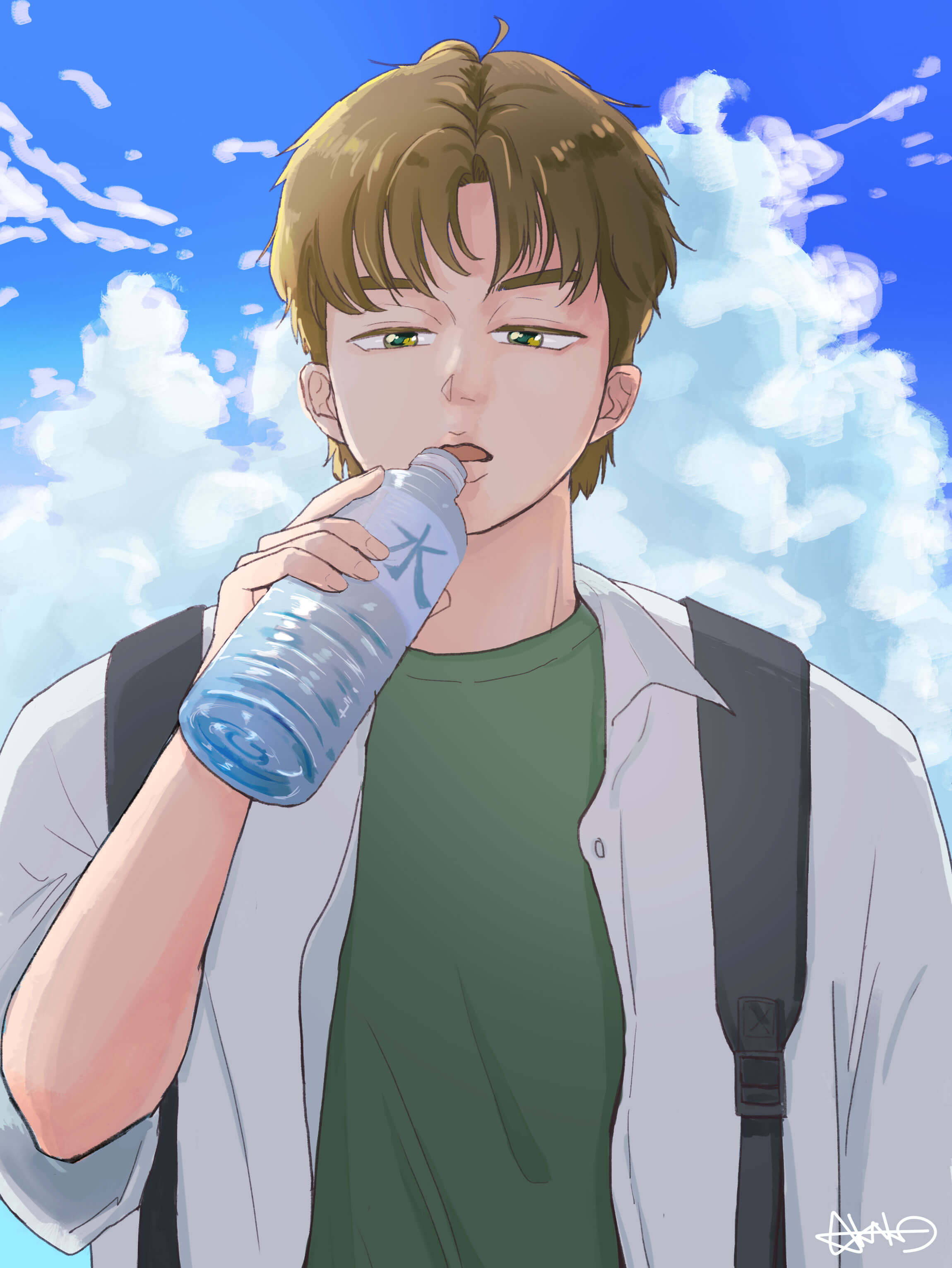 『水分補給する男子学生』　Photoshop